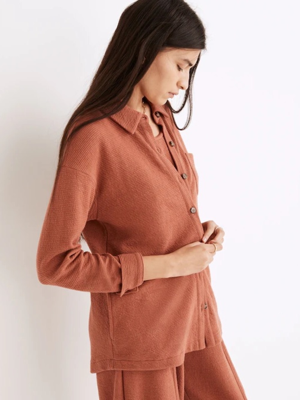 Madewell Textural Knit Shirt-Jacket Weathered Brick Rust Orange XS - Picture 3 of 13